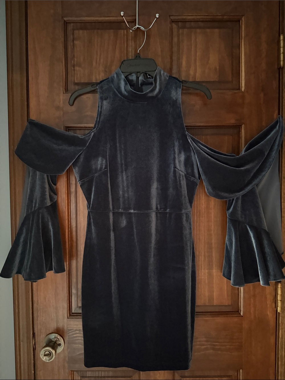 Lulu's Charcoal Velvet Cold-Shoulder Mini Dress